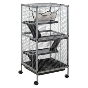 Large Metal 4 Tiers Small Animal Cage With Hammock, Removable Tray, Extra Space For Ferrets Chinchillas, Gray (Color: Black)