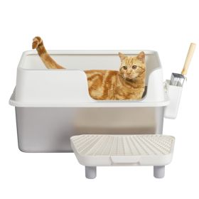 Stainless Steel With Plastic, Buckle Style With Shovel, Foot Pad, White Litter Box (Color: White)